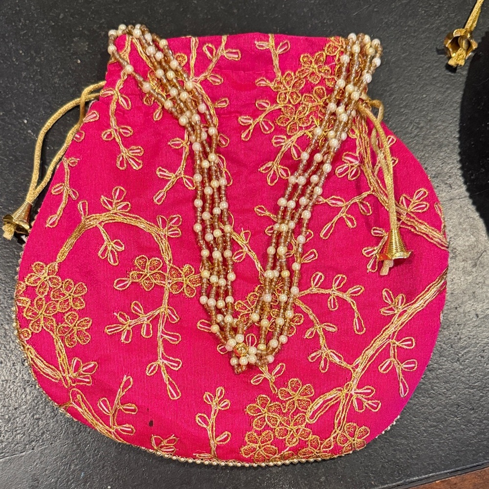 Embroidered Pink and Gold Women's Bag